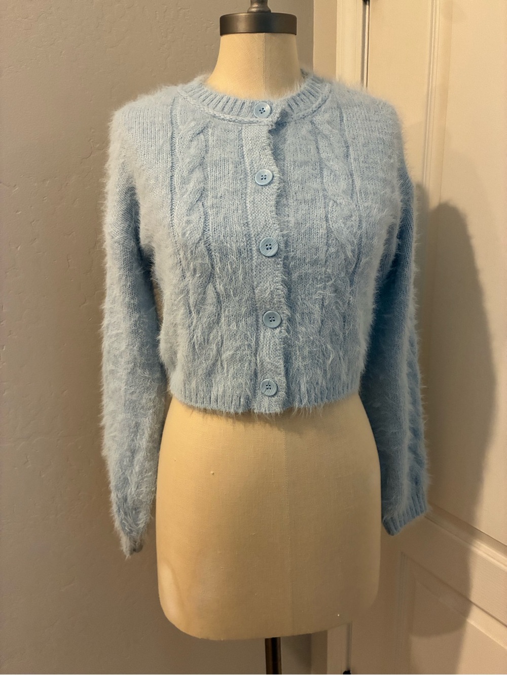 Cropped Fuzzy Button-Front Cardigan Sweater - Light Blue #soft girl aesthetic